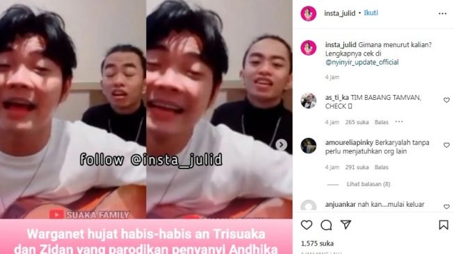 Tri Suaka dan Zidan saat menirukan gaya bernyanyi Andika Kangen Band [Instagram/@insta_julid]